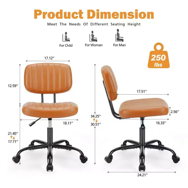 Chaise de travail à hauteur réglable : Pivotante à 360°, sans accoudoirs, base roulante