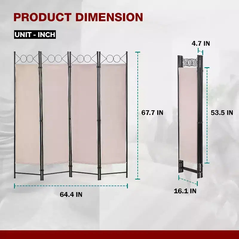 Séparateur de pièce 4 Panneaux Pliant Paravent 1,7M Cloison Amovible Autonome