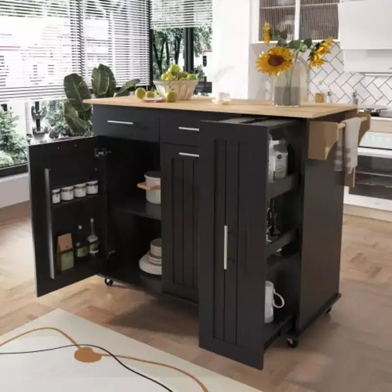 Black Kitchen Island with Drop Leaf 3 Tier Cabinet Organizer, Rolling Kitchen Cart on Wheels for Kitchen Dining Room
