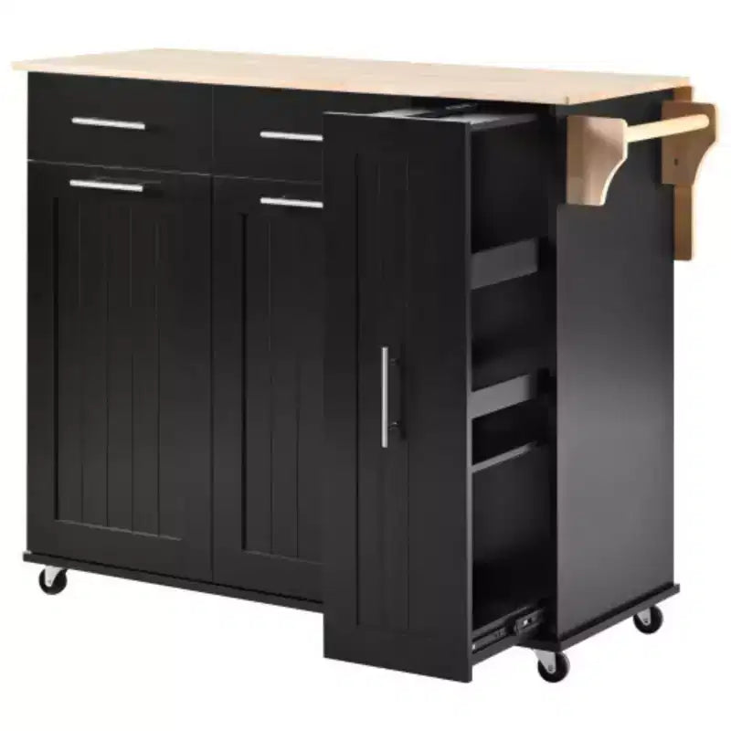 Îlot de cuisine noir avec abattant, organisateur de placard à 3 niveaux, chariot de cuisine roulant sur roues pour salle à manger de cuisine