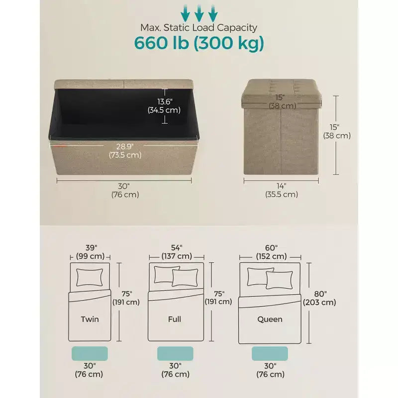 Banc de rangement pliable, 38 x 76 x 38 cm, couvercle rabattable, capacité de charge de 300 kg