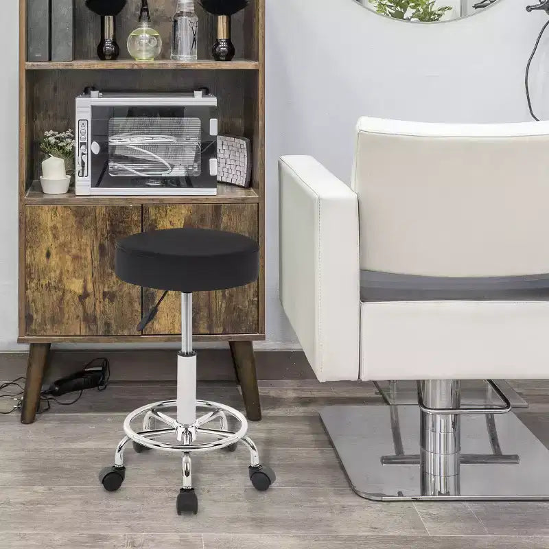 Tabouret rond roulant Tabouret de salon avec repose-pieds Coussin en cuir PU, Noir