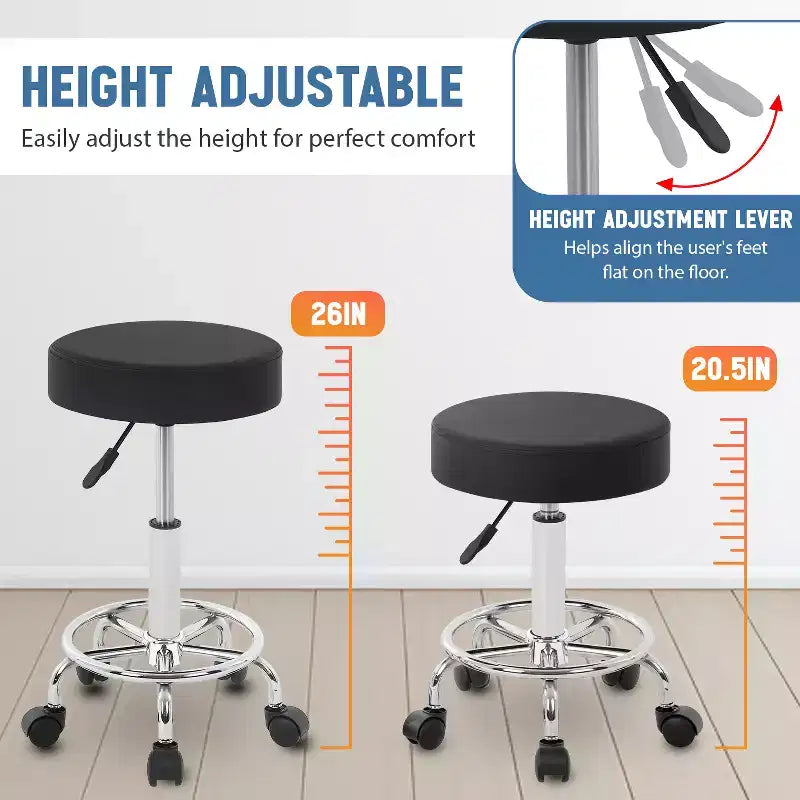 Tabouret rond roulant Tabouret de salon avec repose-pieds Coussin en cuir PU, Noir