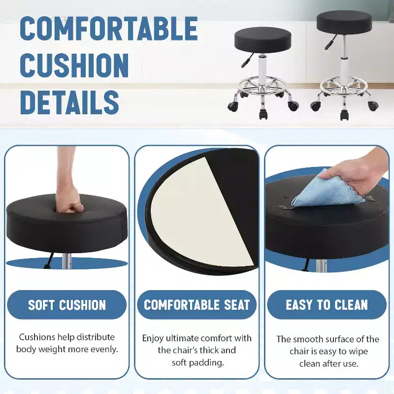 Tabouret rond roulant Tabouret de salon avec repose-pieds Coussin en cuir PU, Noir