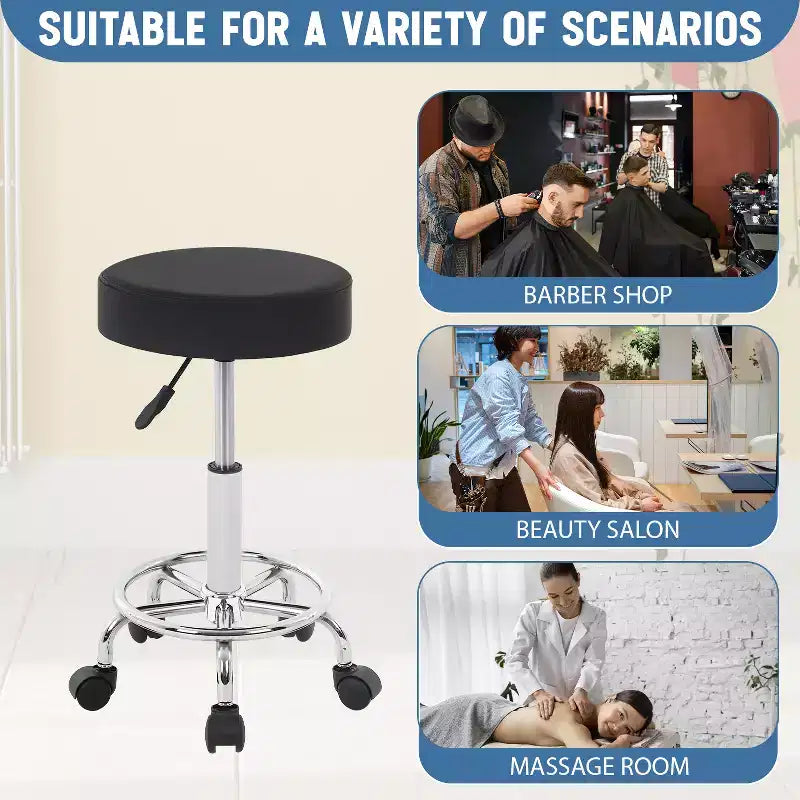 Tabouret rond roulant Tabouret de salon avec repose-pieds Coussin en cuir PU, Noir