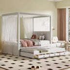 Whisen Full Size Linen Upholstery Canopy Platform Bed with Trundle and Three Storage Drawers