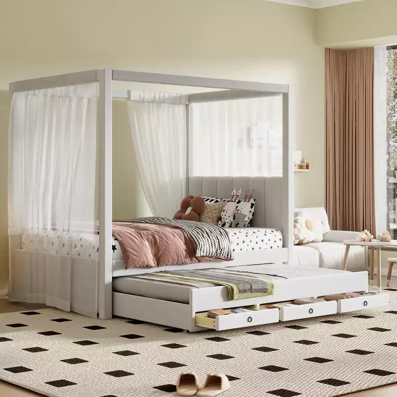 Whisen Full Size Linen Upholstery Canopy Platform Bed with Trundle and Three Storage Drawers