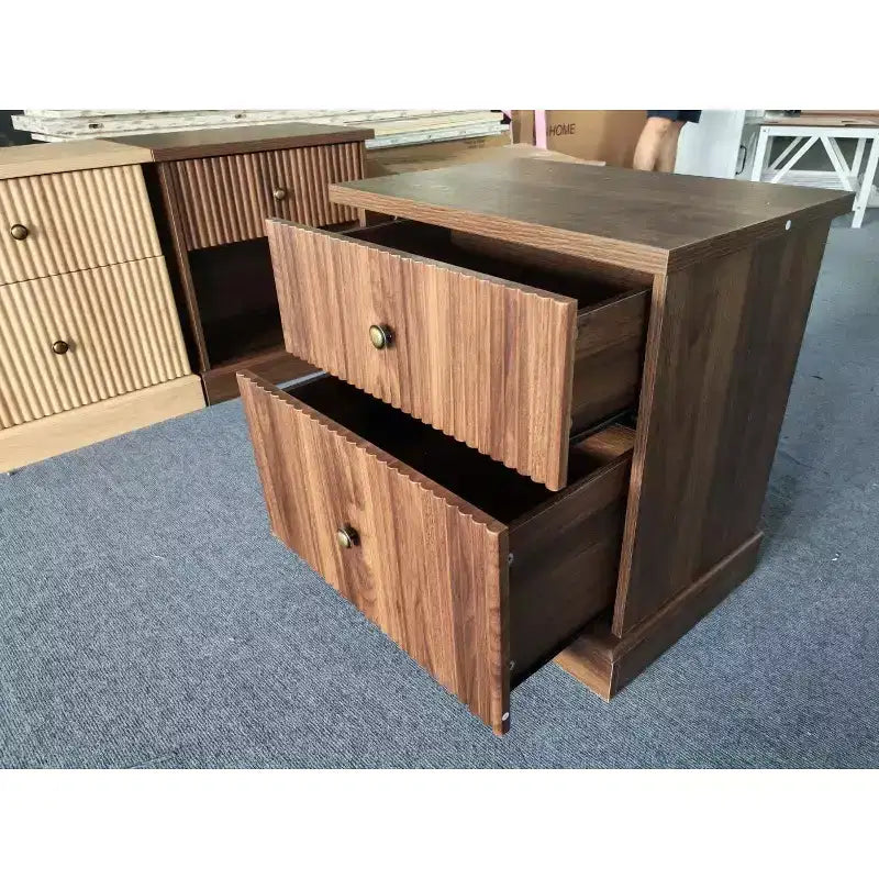 Fluted Nightstand with Drawers, Mid Century Modern Bedside Table for Living Room, Brown Nightstand with Storage, Space Saving Side Table