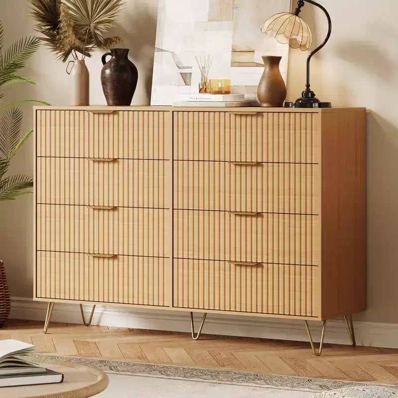Commode 8 tiroirs pour chambre à coucher, commode en bois de 55W avec pieds en métal, organisateur de rangement de vêtements, commode de placard et meuble TV pour couloir