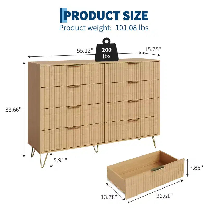 Commode 8 tiroirs pour chambre à coucher, commode en bois de 55W avec pieds en métal, organisateur de rangement de vêtements, commode de placard et meuble TV pour couloir