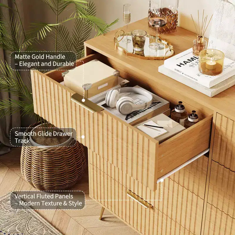 Commode 8 tiroirs pour chambre à coucher, commode en bois de 55W avec pieds en métal, organisateur de rangement de vêtements, commode de placard et meuble TV pour couloir