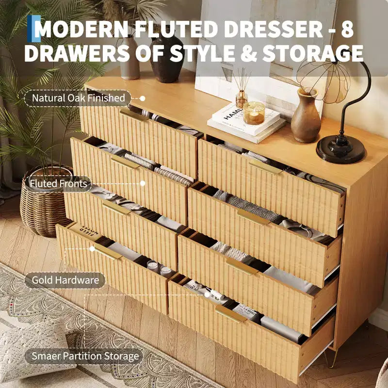 Commode 8 tiroirs pour chambre à coucher, commode en bois de 55W avec pieds en métal, organisateur de rangement de vêtements, commode de placard et meuble TV pour couloir