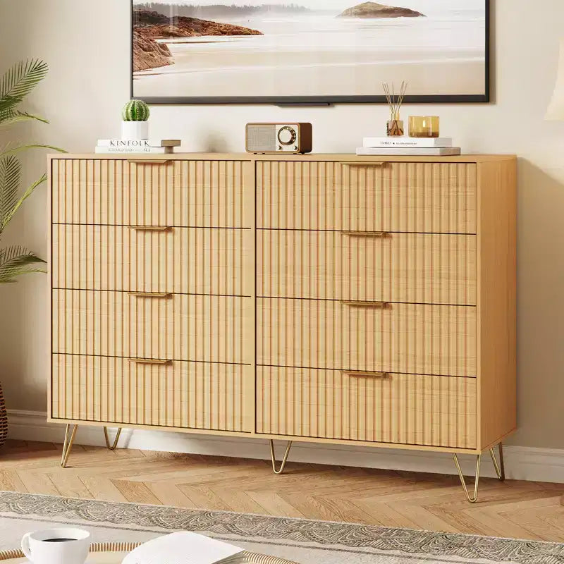 Commode 8 tiroirs pour chambre à coucher, commode en bois de 55W avec pieds en métal, organisateur de rangement de vêtements, commode de placard et meuble TV pour couloir