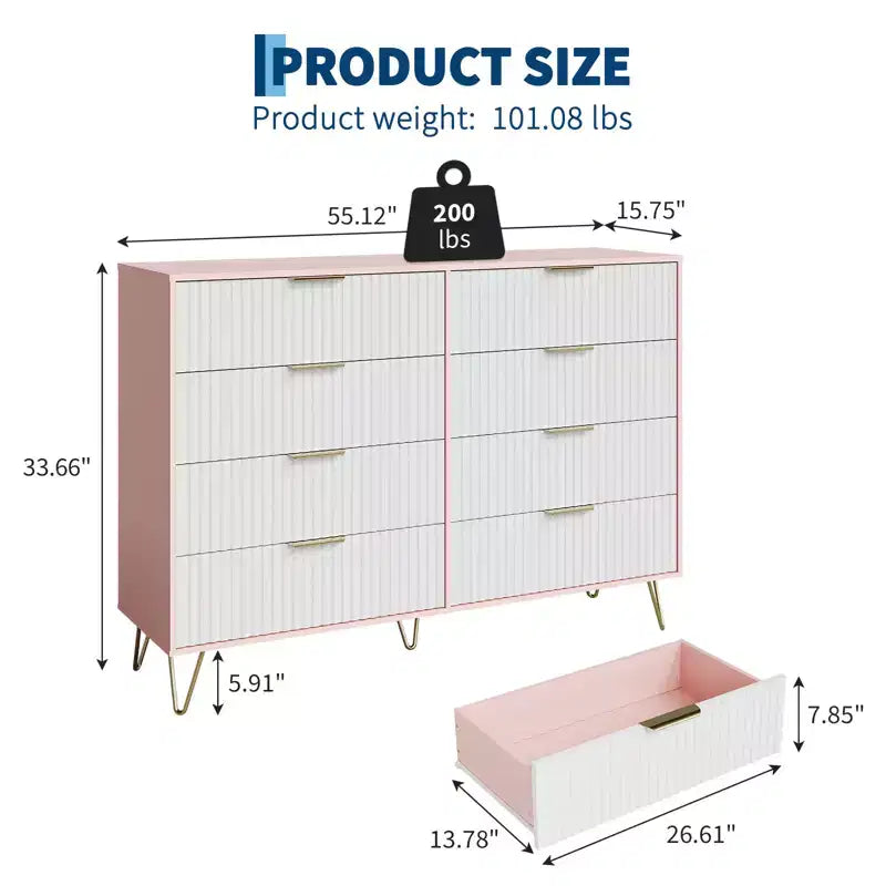Commode 8 tiroirs pour chambre à coucher, commode en bois de 55W avec pieds en métal, organisateur de rangement de vêtements, commode de placard et meuble TV pour couloir
