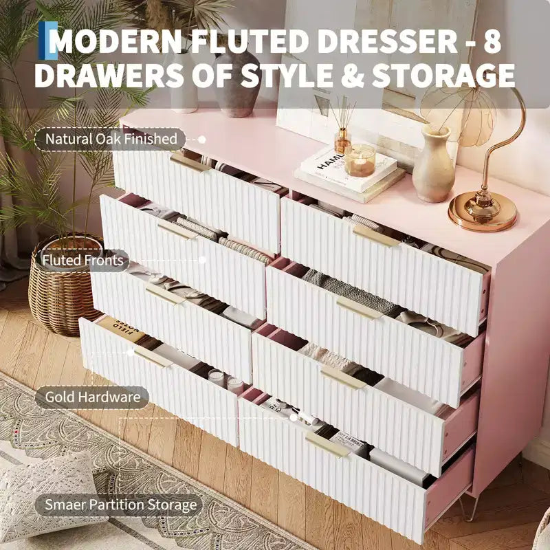 Commode 8 tiroirs pour chambre à coucher, commode en bois de 55W avec pieds en métal, organisateur de rangement de vêtements, commode de placard et meuble TV pour couloir