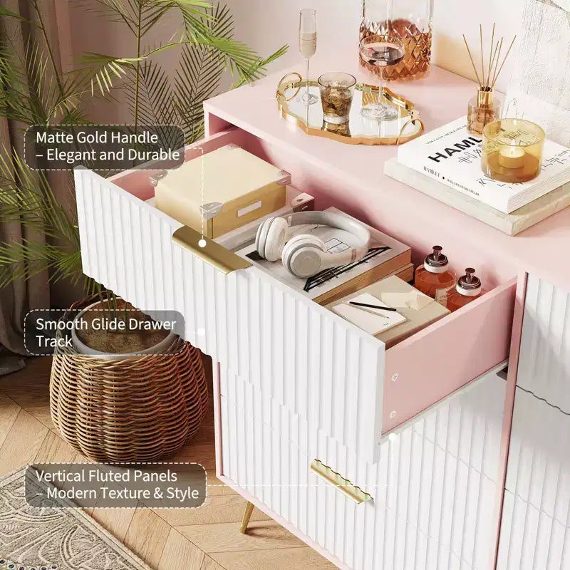 Commode 8 tiroirs pour chambre à coucher, commode en bois de 55W avec pieds en métal, organisateur de rangement de vêtements, commode de placard et meuble TV pour couloir