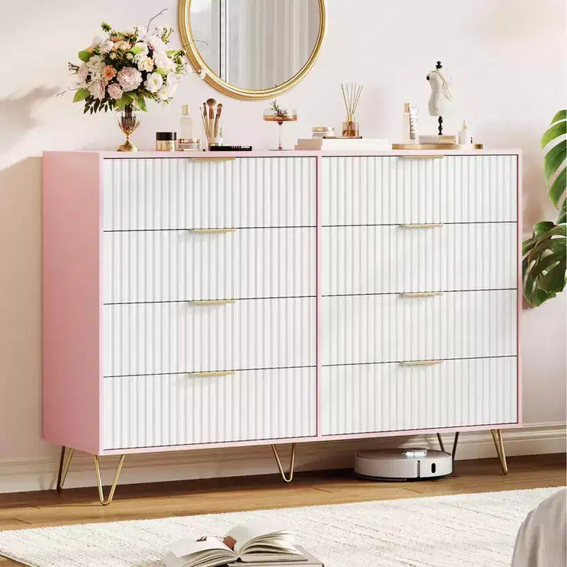 Commode 8 tiroirs pour chambre à coucher, commode en bois de 55W avec pieds en métal, organisateur de rangement de vêtements, commode de placard et meuble TV pour couloir