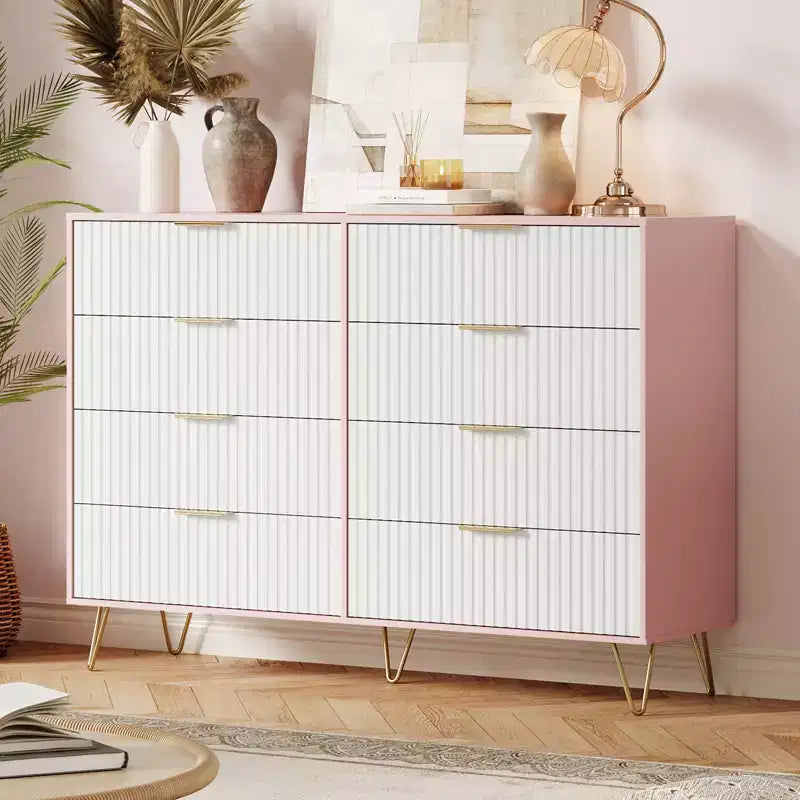 Commode 8 tiroirs pour chambre à coucher, commode en bois de 55W avec pieds en métal, organisateur de rangement de vêtements, commode de placard et meuble TV pour couloir