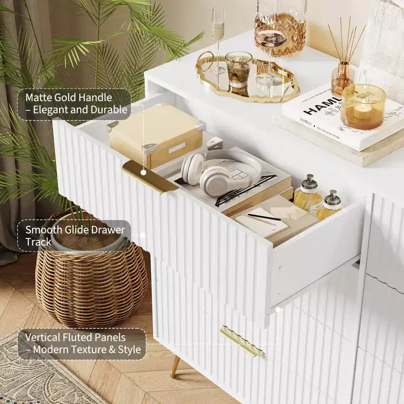 Commode 8 tiroirs pour chambre à coucher, commode en bois de 55W avec pieds en métal, organisateur de rangement de vêtements, commode de placard et meuble TV pour couloir