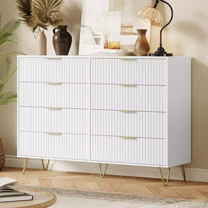 Commode 8 tiroirs pour chambre à coucher, commode en bois de 55W avec pieds en métal, organisateur de rangement de vêtements, commode de placard et meuble TV pour couloir