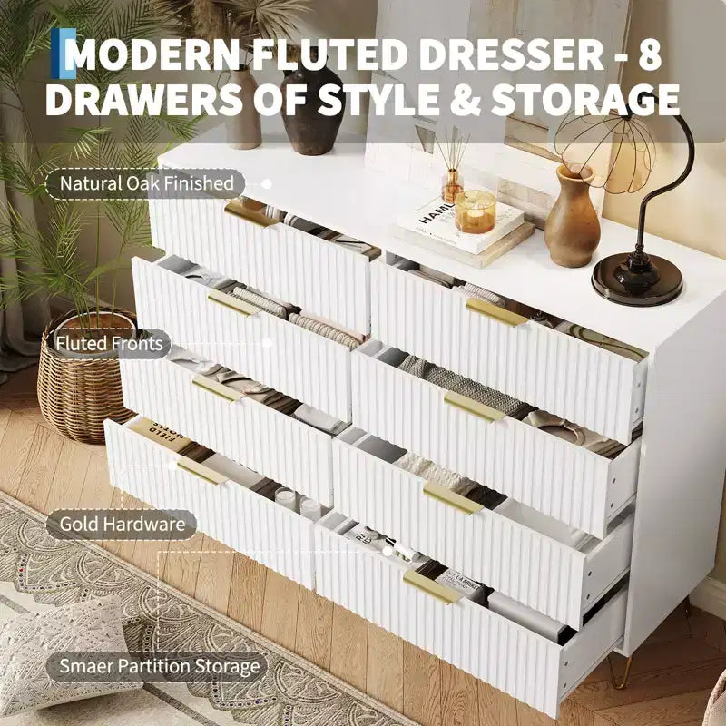 Commode 8 tiroirs pour chambre à coucher, commode en bois de 55W avec pieds en métal, organisateur de rangement de vêtements, commode de placard et meuble TV pour couloir