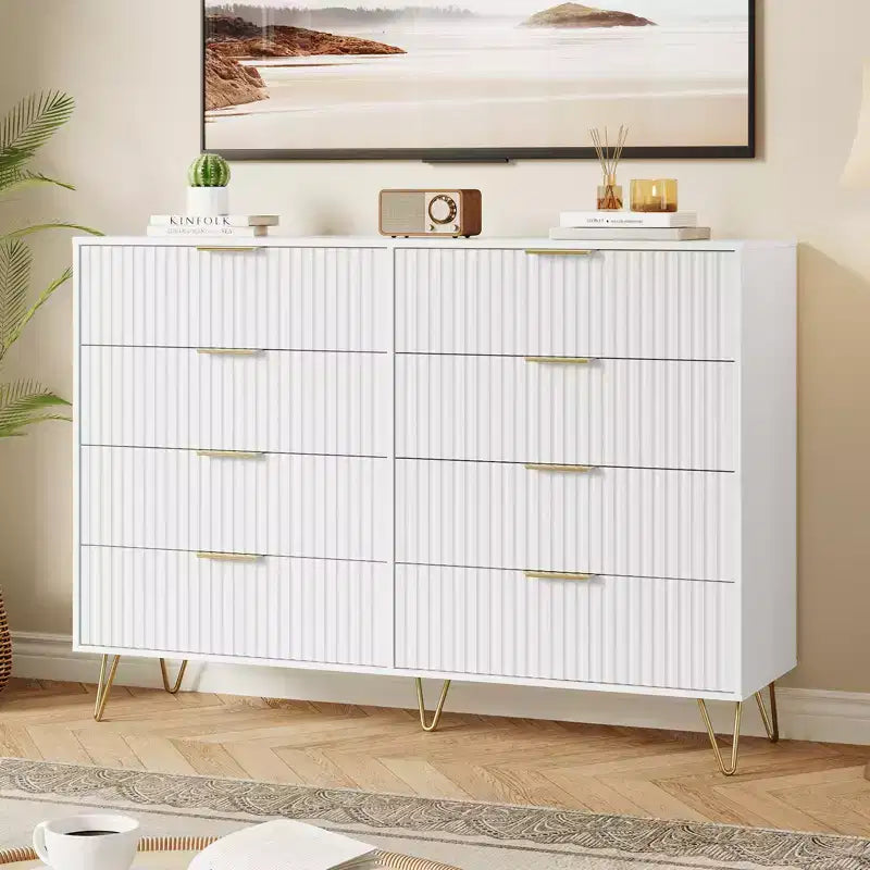Commode 8 tiroirs pour chambre à coucher, commode en bois de 55W avec pieds en métal, organisateur de rangement de vêtements, commode de placard et meuble TV pour couloir