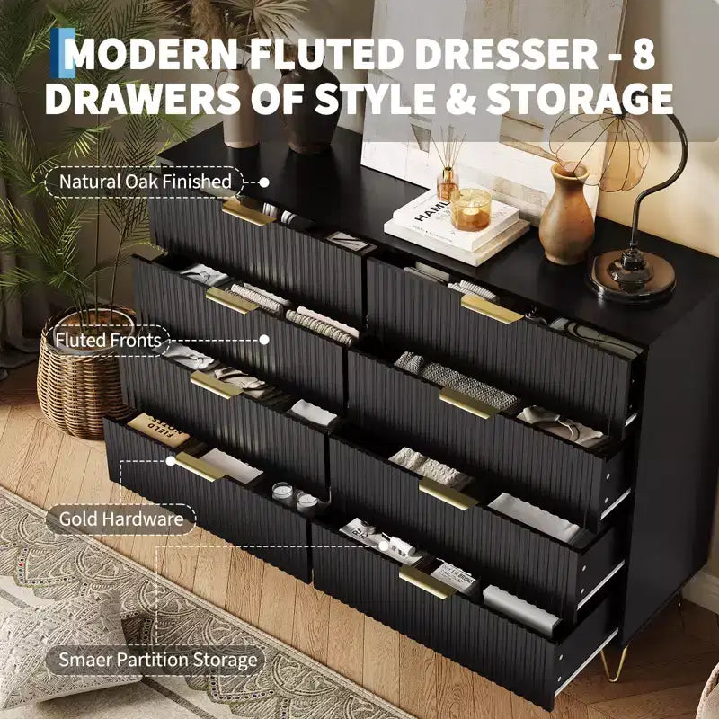 Commode 8 tiroirs pour chambre à coucher, commode en bois de 55W avec pieds en métal, organisateur de rangement de vêtements, commode de placard et meuble TV pour couloir