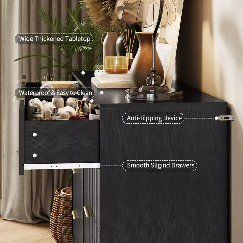 Commode 8 tiroirs pour chambre à coucher, commode en bois de 55W avec pieds en métal, organisateur de rangement de vêtements, commode de placard et meuble TV pour couloir