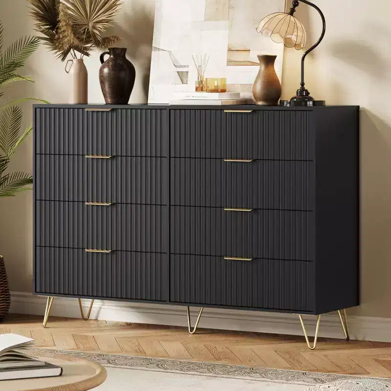 Commode 8 tiroirs pour chambre à coucher, commode en bois de 55W avec pieds en métal, organisateur de rangement de vêtements, commode de placard et meuble TV pour couloir