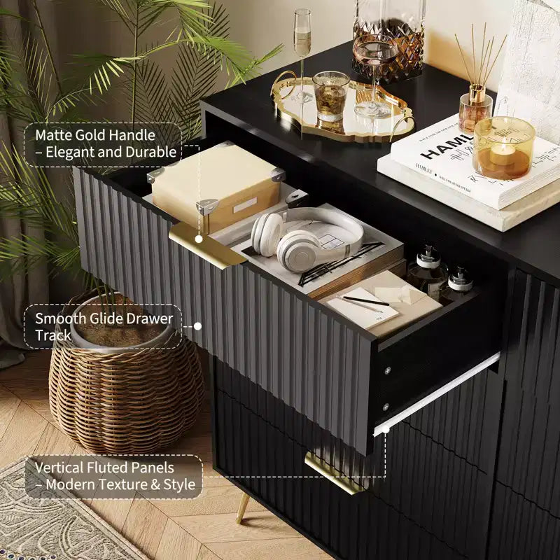 Commode 8 tiroirs pour chambre à coucher, commode en bois de 55W avec pieds en métal, organisateur de rangement de vêtements, commode de placard et meuble TV pour couloir