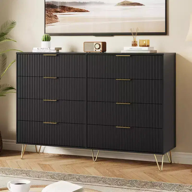 Commode 8 tiroirs pour chambre à coucher, commode en bois de 55W avec pieds en métal, organisateur de rangement de vêtements, commode de placard et meuble TV pour couloir