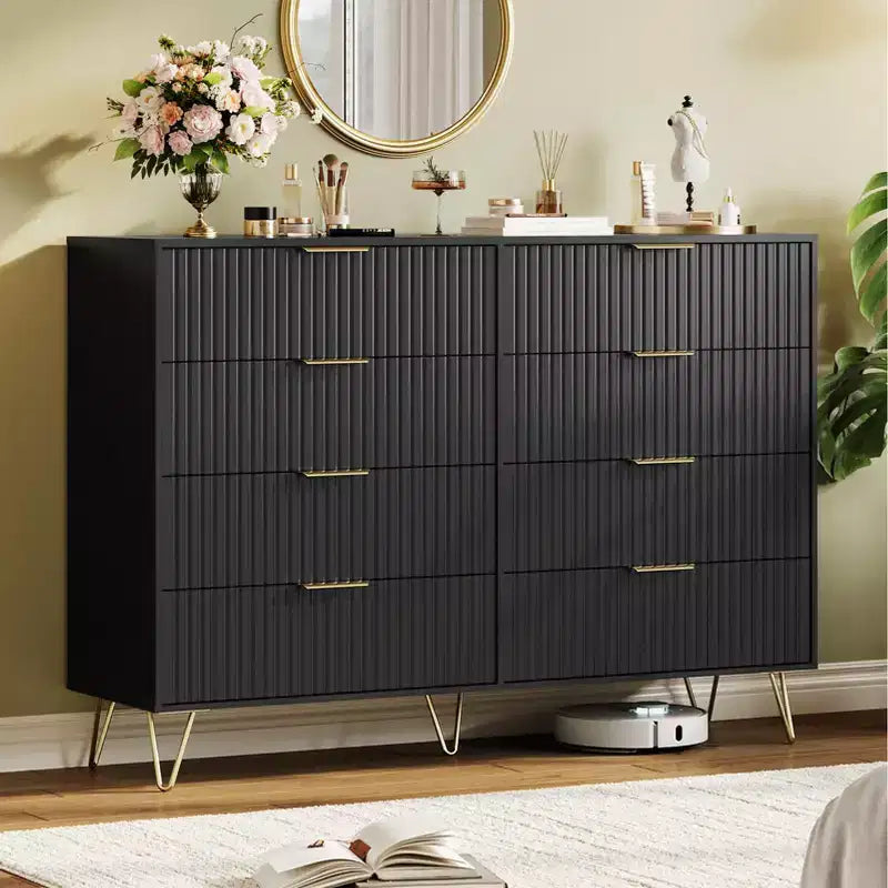 8 Drawer Dresser for Bedroom, 55W Wood Chest of Drawers with Metal Legs, Clothes Storage Organizer,Closet Dresser & TV Stand for Hallway
