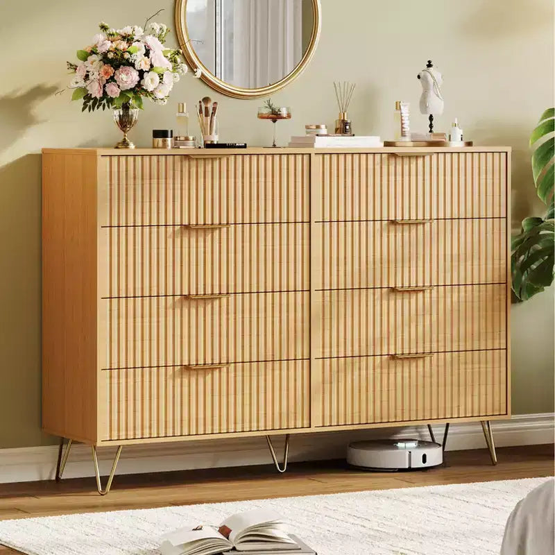 Commode 8 tiroirs pour chambre à coucher, commode en bois de 55W avec pieds en métal, organisateur de rangement de vêtements, commode de placard et meuble TV pour couloir