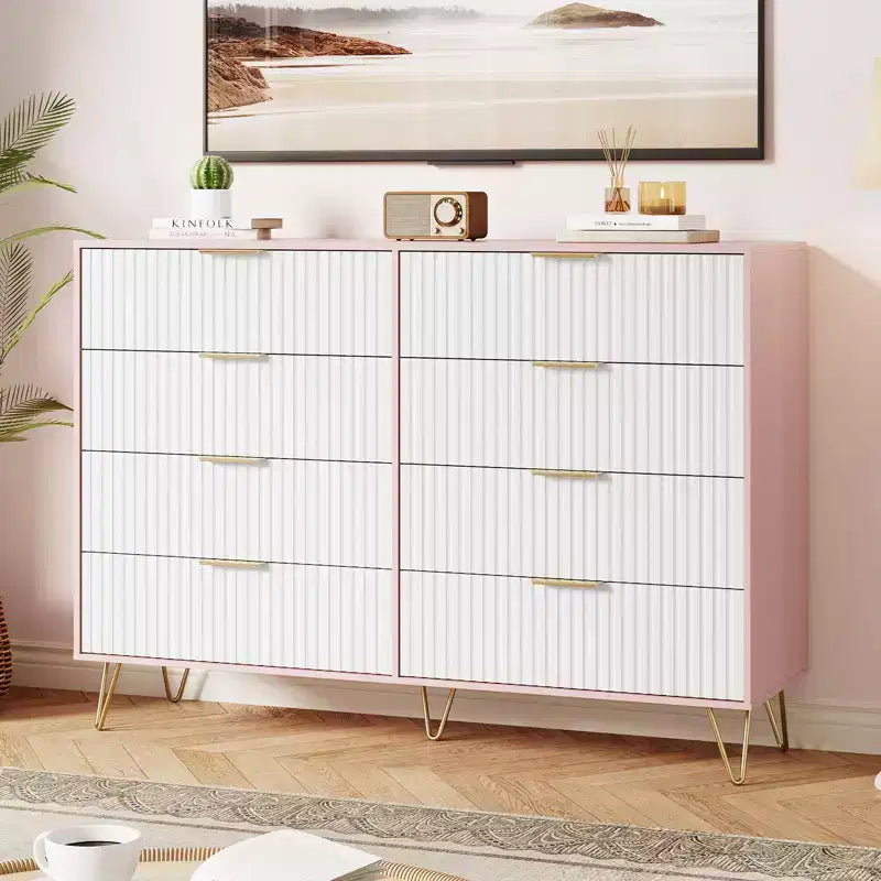 Commode 8 tiroirs pour chambre à coucher, commode en bois de 55W avec pieds en métal, organisateur de rangement de vêtements, commode de placard et meuble TV pour couloir