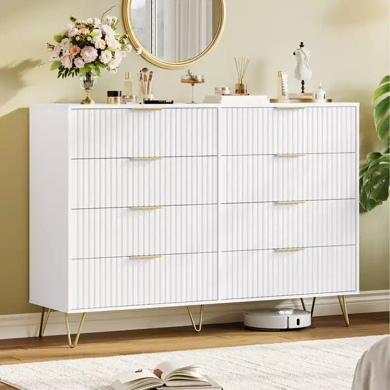 Commode 8 tiroirs pour chambre à coucher, commode en bois de 55W avec pieds en métal, organisateur de rangement de vêtements, commode de placard et meuble TV pour couloir
