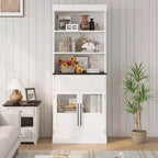 Meuble de rangement haut de 178 cm, Rangement semi-ouvert avec tiroir, 2 portes vitrées - 3 étagères réglables, Meuble de rangement polyvalent pour cuisine ou toute pièce