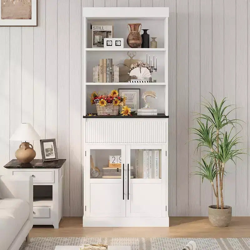 Meuble de rangement haut de 178 cm, Rangement semi-ouvert avec tiroir, 2 portes vitrées - 3 étagères réglables, Meuble de rangement polyvalent pour cuisine ou toute pièce