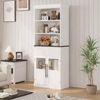 Meuble de rangement haut de 178 cm, Rangement semi-ouvert avec tiroir, 2 portes vitrées - 3 étagères réglables, Meuble de rangement polyvalent pour cuisine ou toute pièce