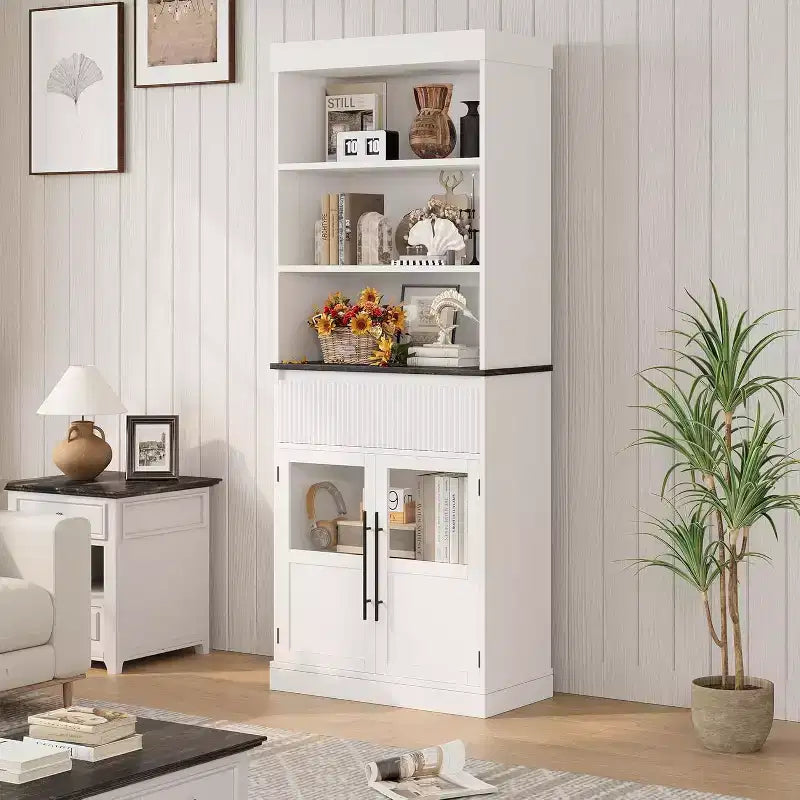 Meuble de rangement haut de 178 cm, Rangement semi-ouvert avec tiroir, 2 portes vitrées - 3 étagères réglables, Meuble de rangement polyvalent pour cuisine ou toute pièce