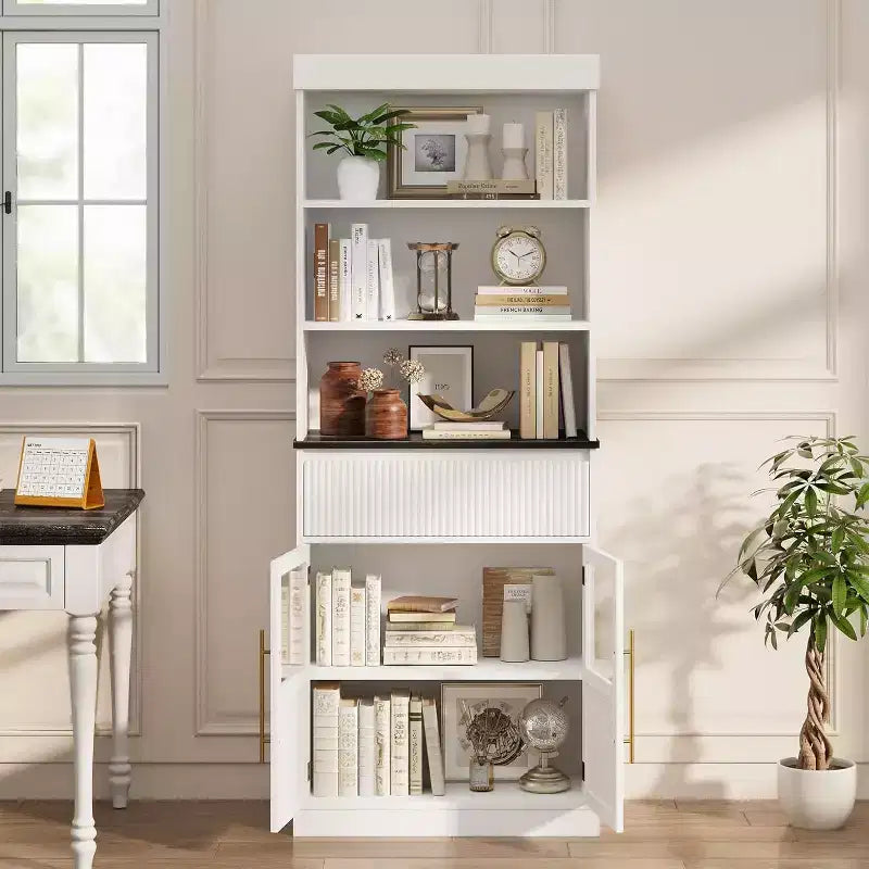 Meuble de rangement haut de 178 cm, Rangement semi-ouvert avec tiroir, 2 portes vitrées - 3 étagères réglables, Meuble de rangement polyvalent pour cuisine ou toute pièce
