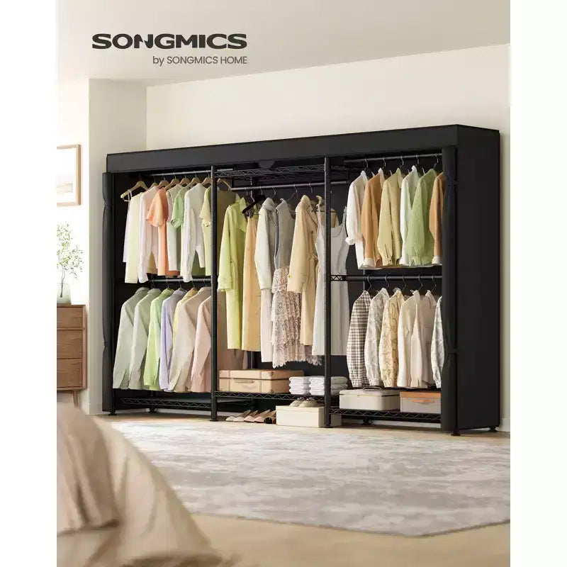 Portant à Vêtements Robuste à Roulettes, Armoire Portable sur Roues, avec Étagères en Maille Réglables et Tringles, Housse en Tissu, Noir Encre