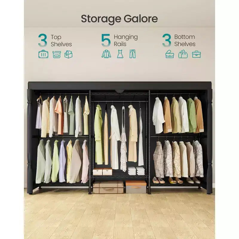 Portant à Vêtements Robuste à Roulettes, Armoire Portable sur Roues, avec Étagères en Maille Réglables et Tringles, Housse en Tissu, Noir Encre