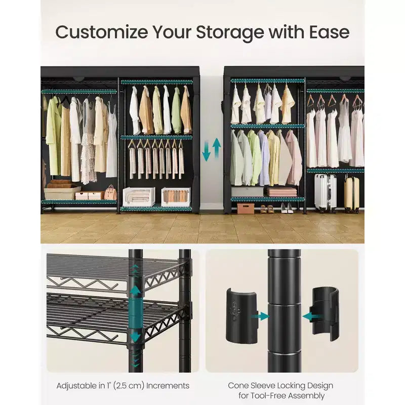 Portant à Vêtements Robuste à Roulettes, Armoire Portable sur Roues, avec Étagères en Maille Réglables et Tringles, Housse en Tissu, Noir Encre