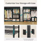 Portant à Vêtements Robuste à Roulettes, Armoire Portable sur Roues, avec Étagères en Maille Réglables et Tringles, Housse en Tissu, Noir Encre