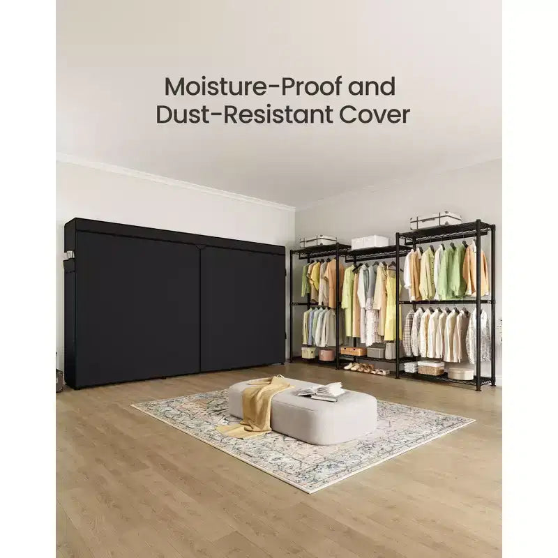 Portant à Vêtements Robuste à Roulettes, Armoire Portable sur Roues, avec Étagères en Maille Réglables et Tringles, Housse en Tissu, Noir Encre