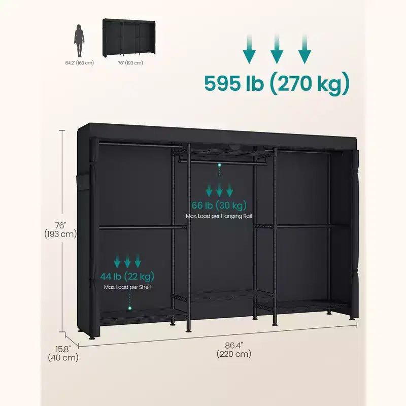 Portant à Vêtements Robuste à Roulettes, Armoire Portable sur Roues, avec Étagères en Maille Réglables et Tringles, Housse en Tissu, Noir Encre