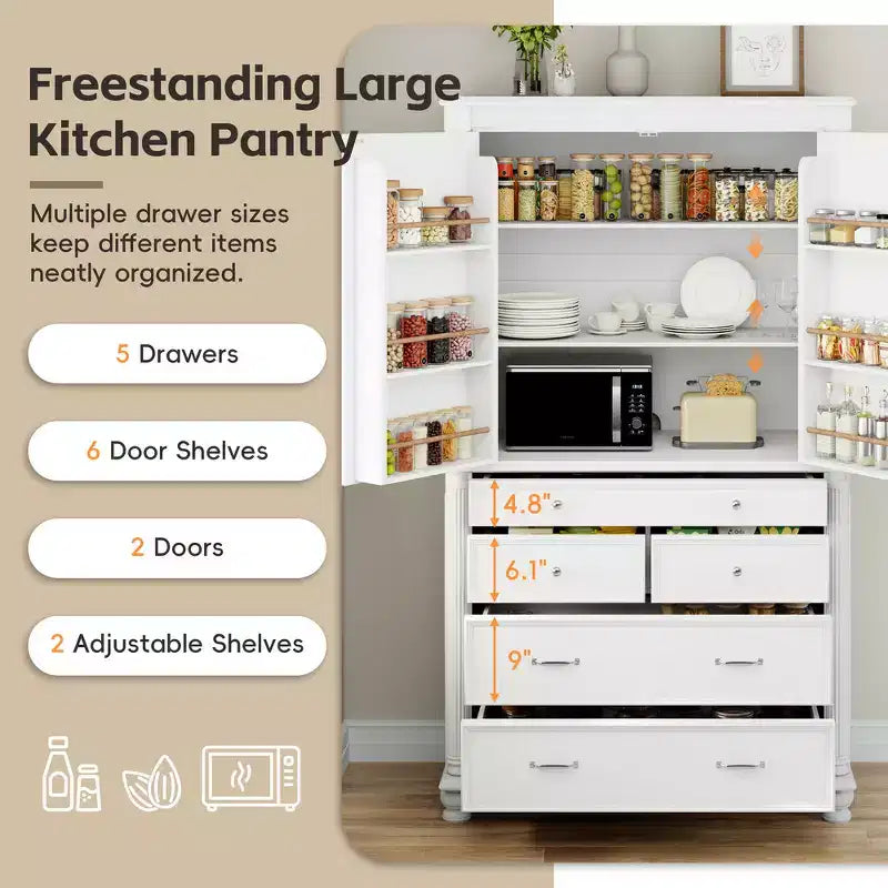 Meuble de rangement autoportant pour cuisine de 196,3 cm de haut avec 6 portes, 5 tiroirs et étagères réglables