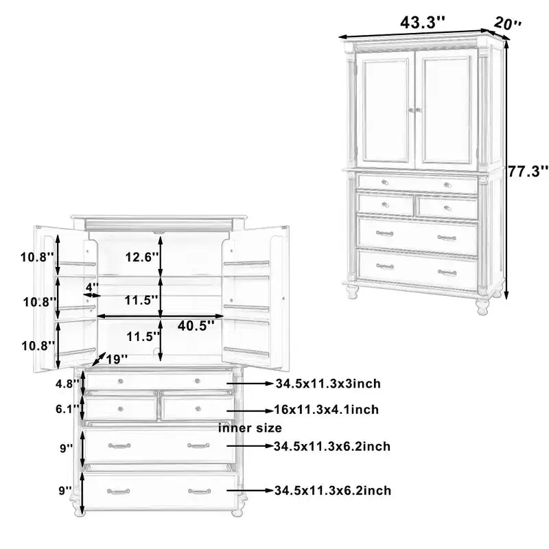 Meuble de rangement autoportant pour cuisine de 196,3 cm de haut avec 6 portes, 5 tiroirs et étagères réglables