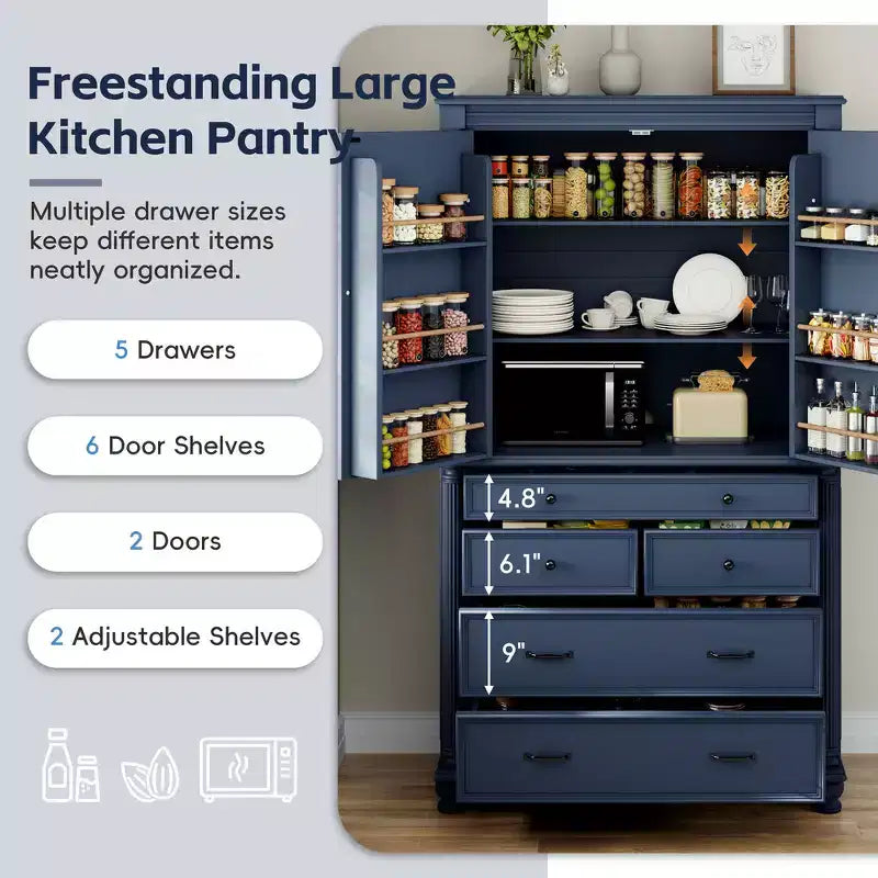 Meuble de rangement autoportant pour cuisine de 196,3 cm de haut avec 6 portes, 5 tiroirs et étagères réglables