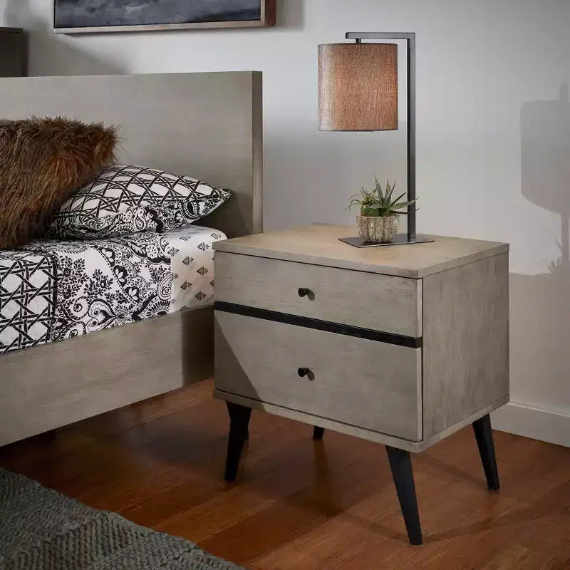 Table de chevet 2 tiroirs pieds noirs Mid-Century Modern - Gris/Noir - iNSPIRE Q